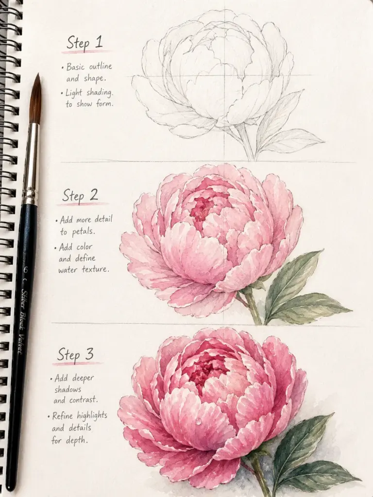 Watercolor peony tutorial: pencil outline, color wash, then detailed shaded pink bloom with brush
