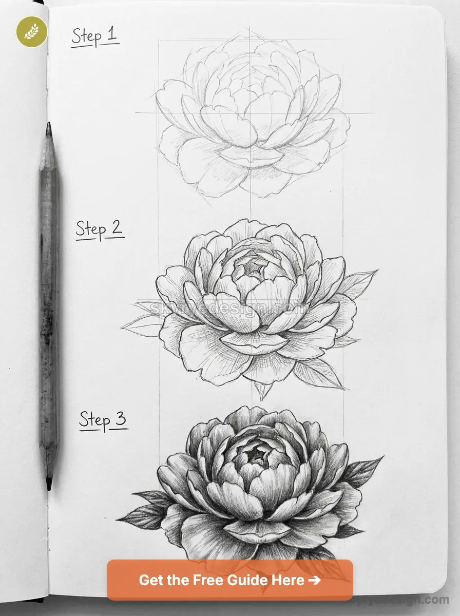 Step-by-step pencil sketch peony tutorial: three stages from rough outline to detailed shaded flower drawing.