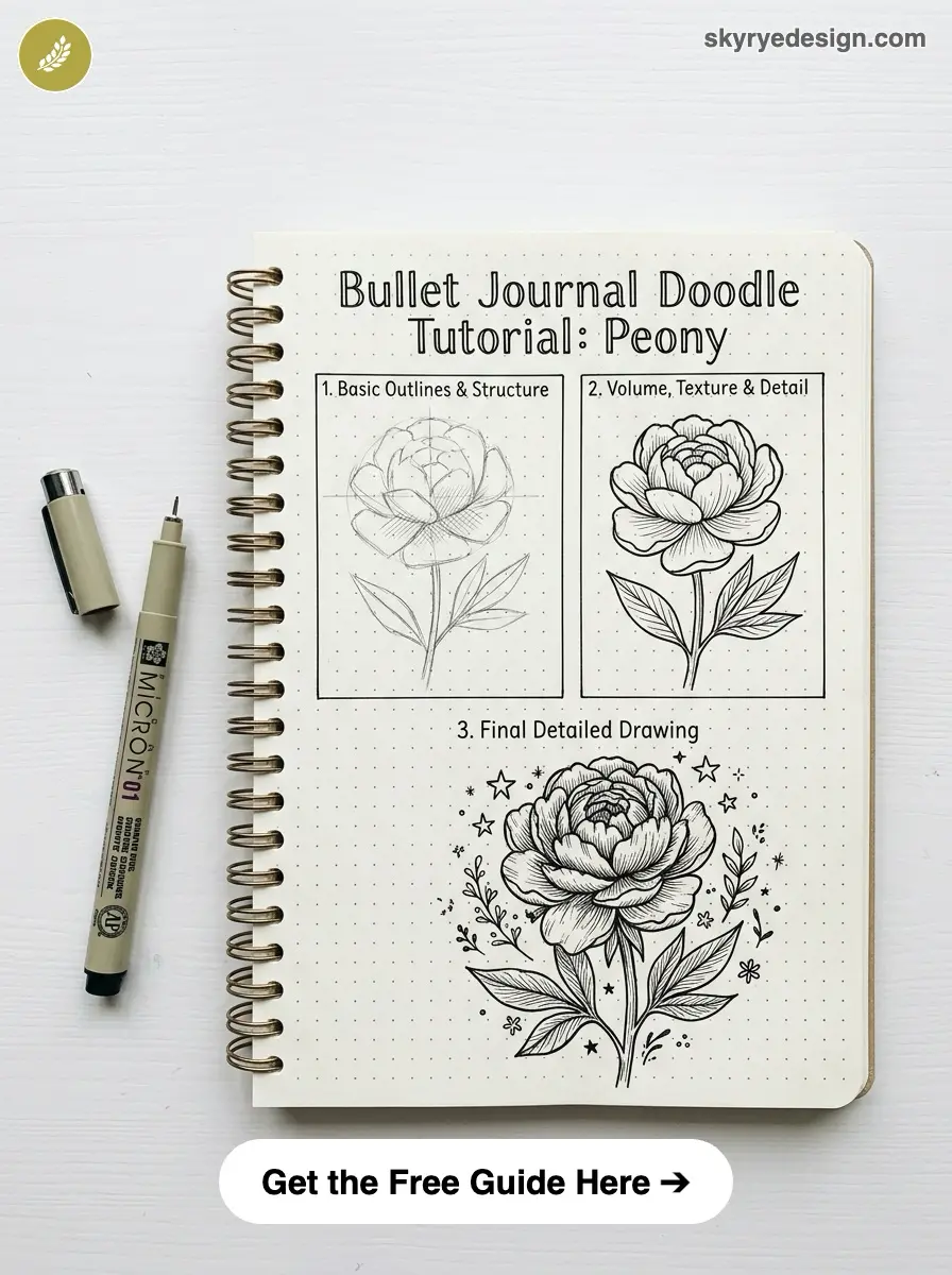 Bullet journal peony doodle tutorial in dotted spiral notebook, step-by-step sketches and final inked peony with pen