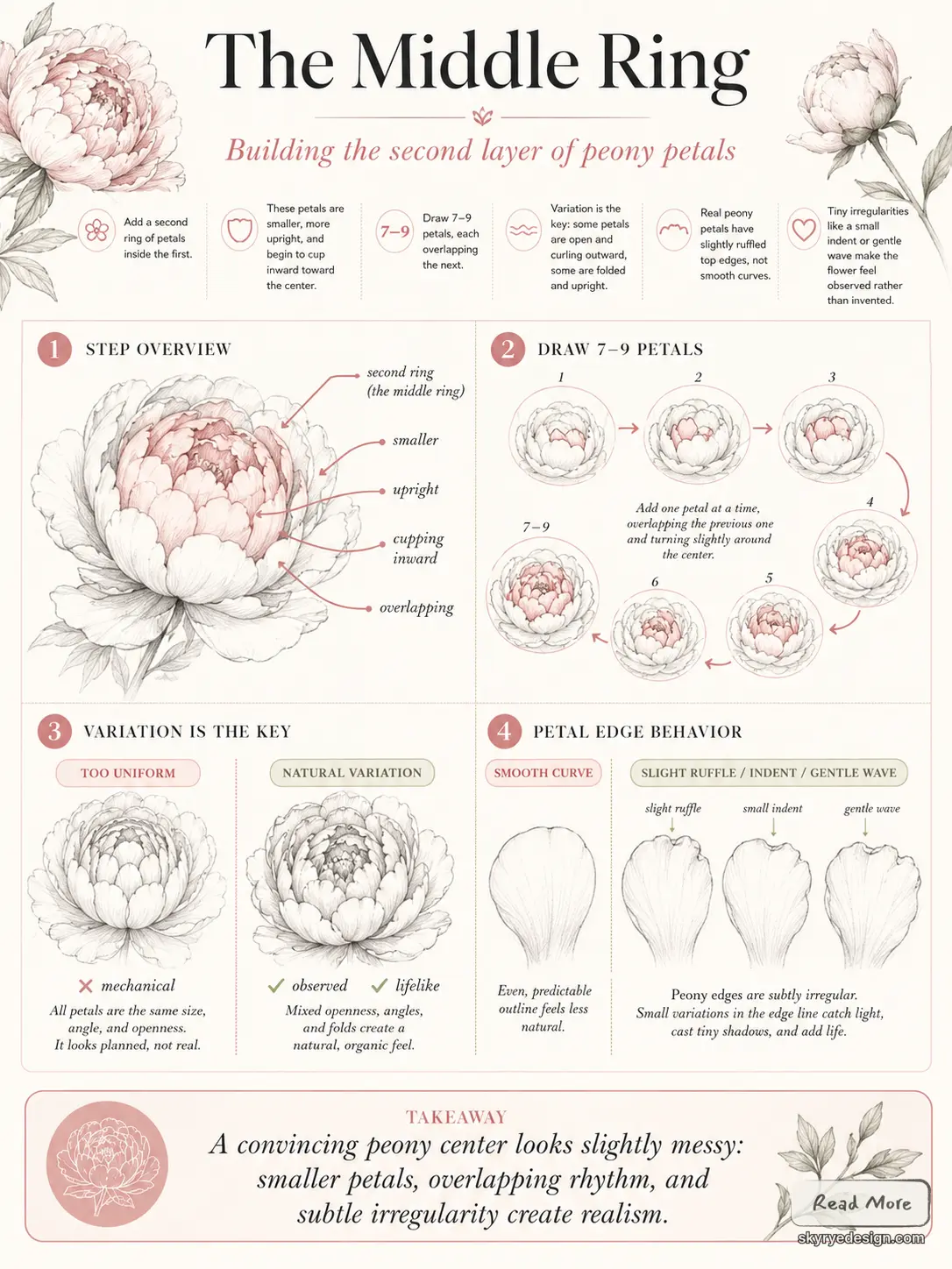 Infographic: step-by-step peony drawing tutorial showing middle ring petals, petal variation, and edge behavior.