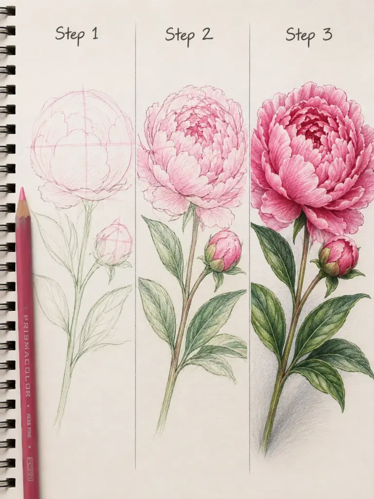 Step-by-step sketchbook tutorial: pink peony drawn in three stages from pencil outline to fully colored botanical illustration