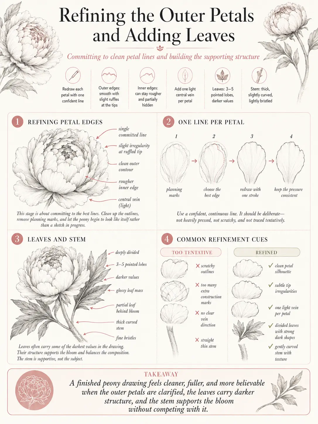 Infographic: step-by-step peony drawing tutorial refining outer petals and adding leaves, botanical sketch tips.