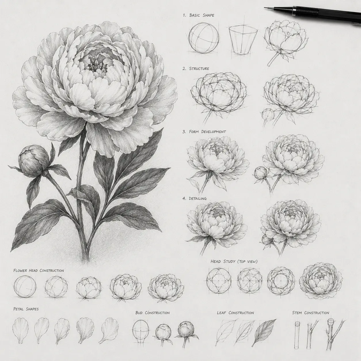 Detailed pencil botanical illustration of a peony with step-by-step drawing construction, petals, bud, leaf and stem studies.