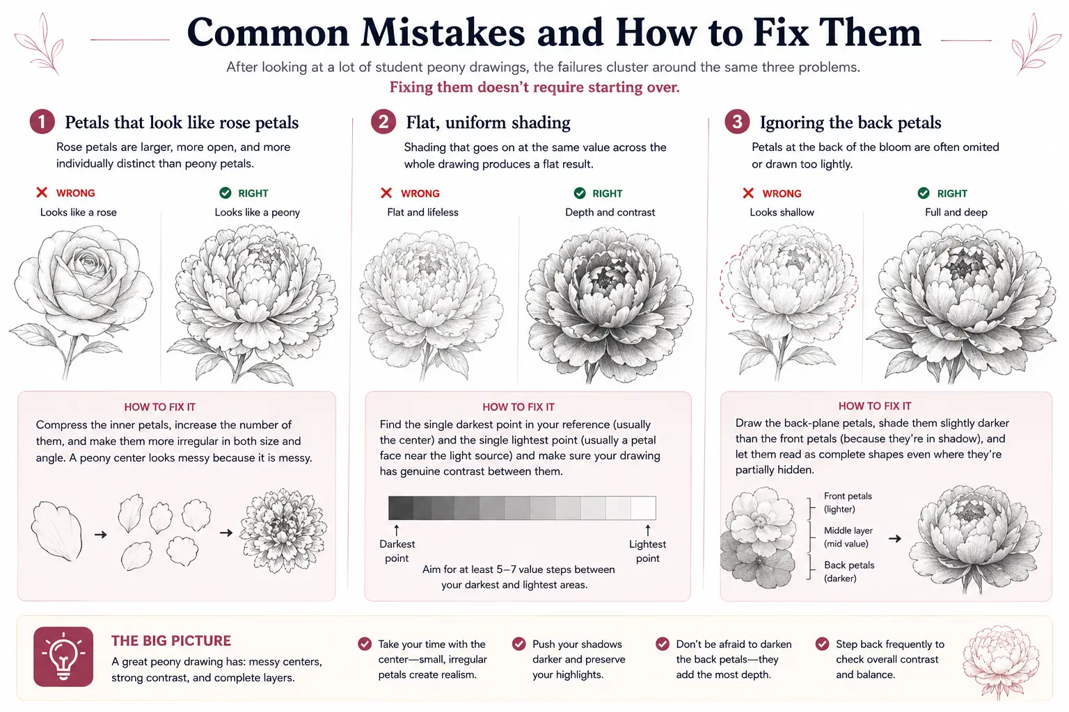 Peony drawing infographic: common mistakes and fixes for realistic peony art — petals, shading, back layers, tips.