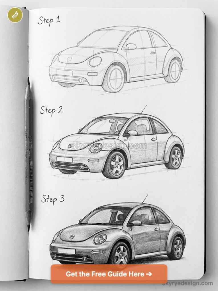 tutorial-volkswagen-new-beetle Three-step pencil sketch tutorial of a Beetle-style compact car, progressive drawings in a sketchbook | Sky Rye Design Three-step pencil sketch tutorial of a Beetle-style compact car, progressive drawings in a sketchbook