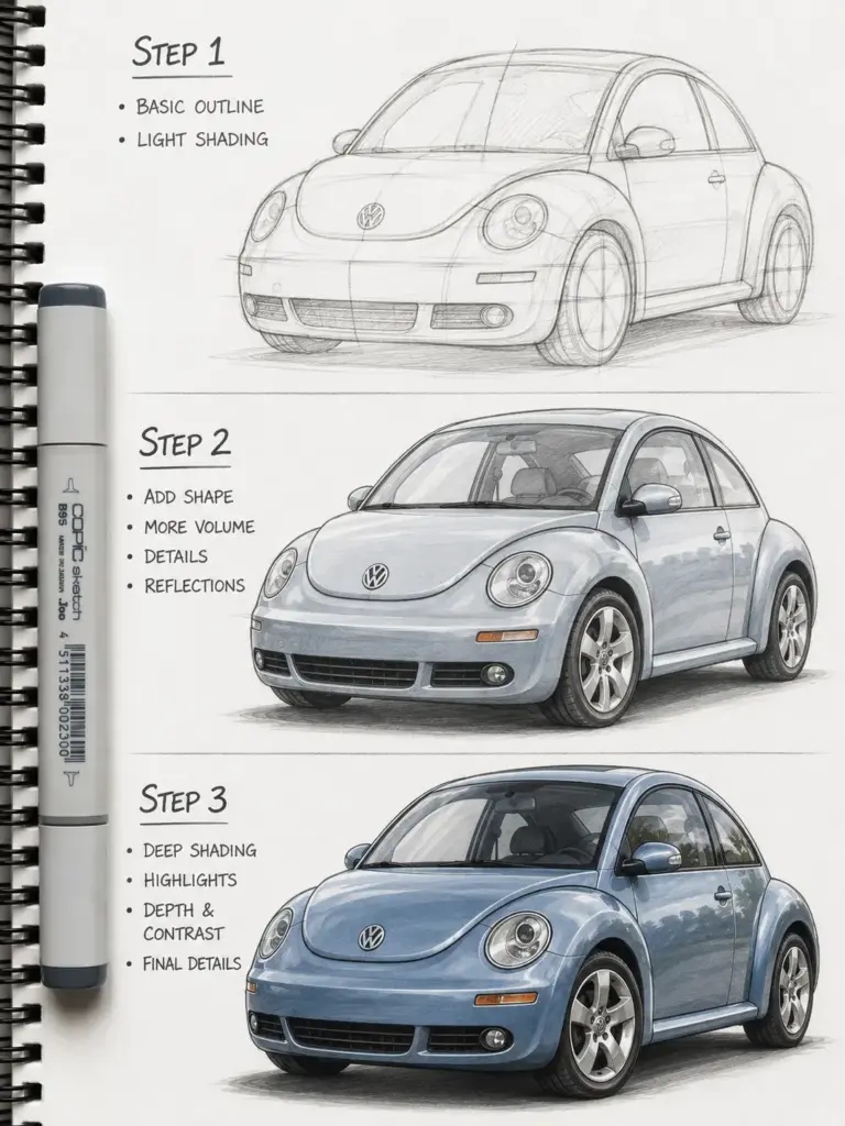 new-beatle-markers Volkswagen Beetle drawing tutorial - 3-step sketch to realistic color render in sketchbook with marker | Sky Rye Design Volkswagen Beetle drawing tutorial - 3-step sketch to realistic color render in sketchbook with marker
