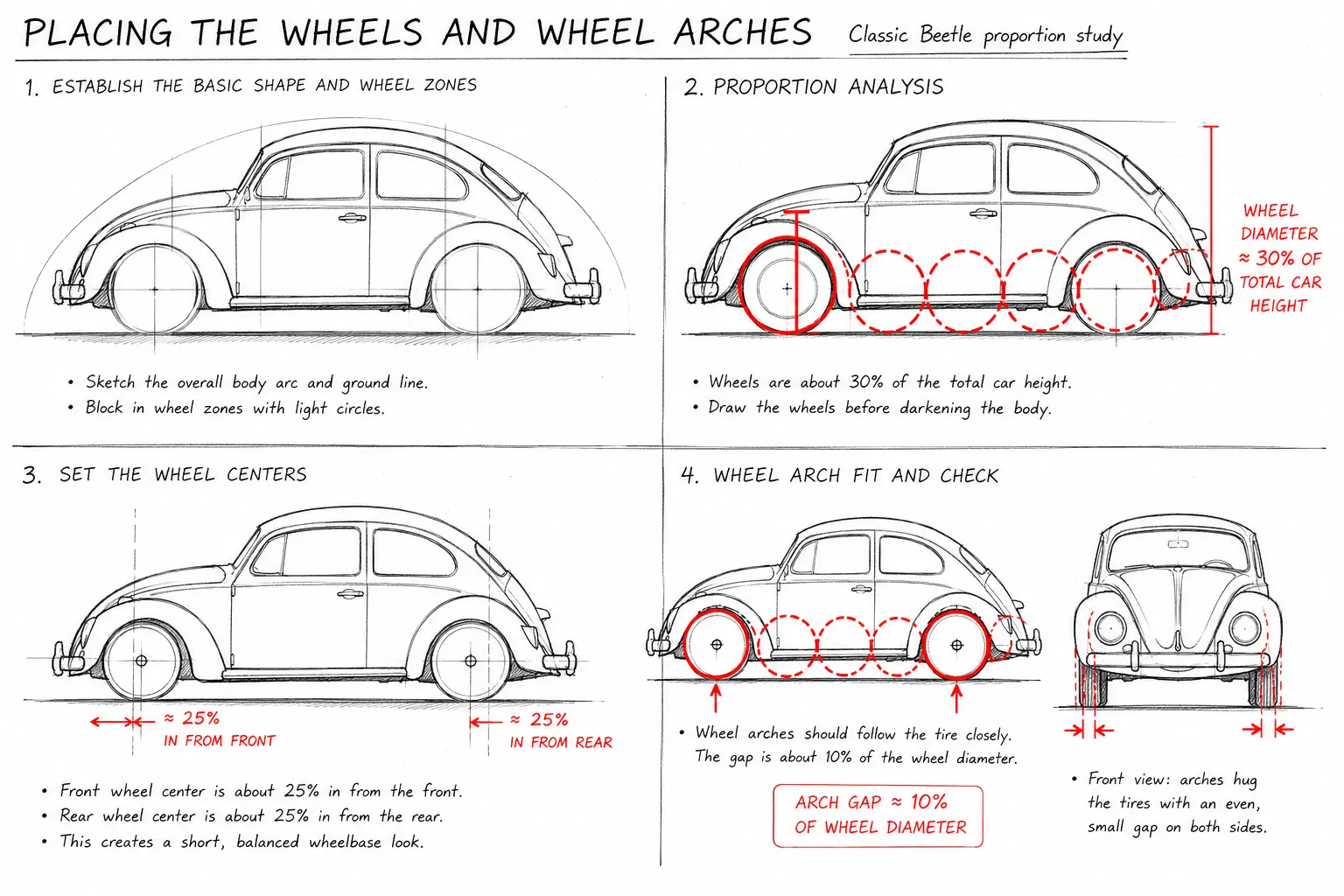 d00a6df9-f521-4023-a0be-2e158b990871 Classic Beetle wheel placement guide: four-step sketch showing wheel placement, centers, arches and measurements. | Sky Rye Design Classic Beetle wheel placement guide: four-step sketch showing wheel placement, centers, arches and measurements.
