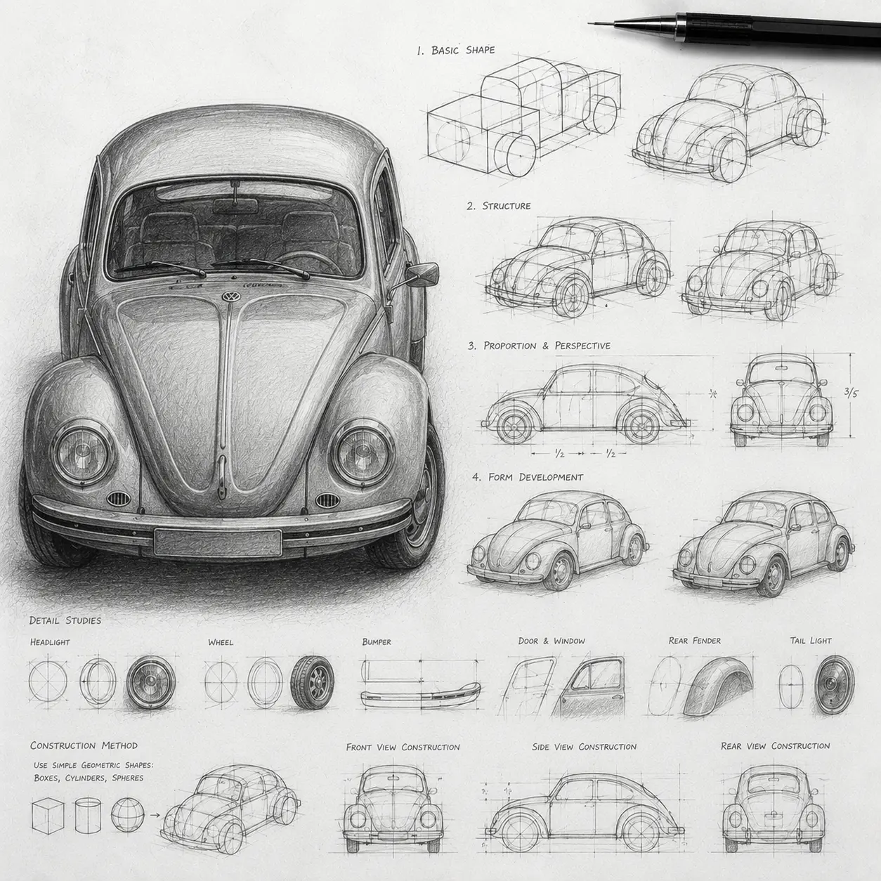 44a30e57-6456-4a06-ae12-a0405890eeba Vintage VW Beetle pencil sketch sheet showing detailed front view, perspective studies, proportions, and part details | Sky Rye Design Vintage VW Beetle pencil sketch sheet showing detailed front view, perspective studies, proportions, and part details