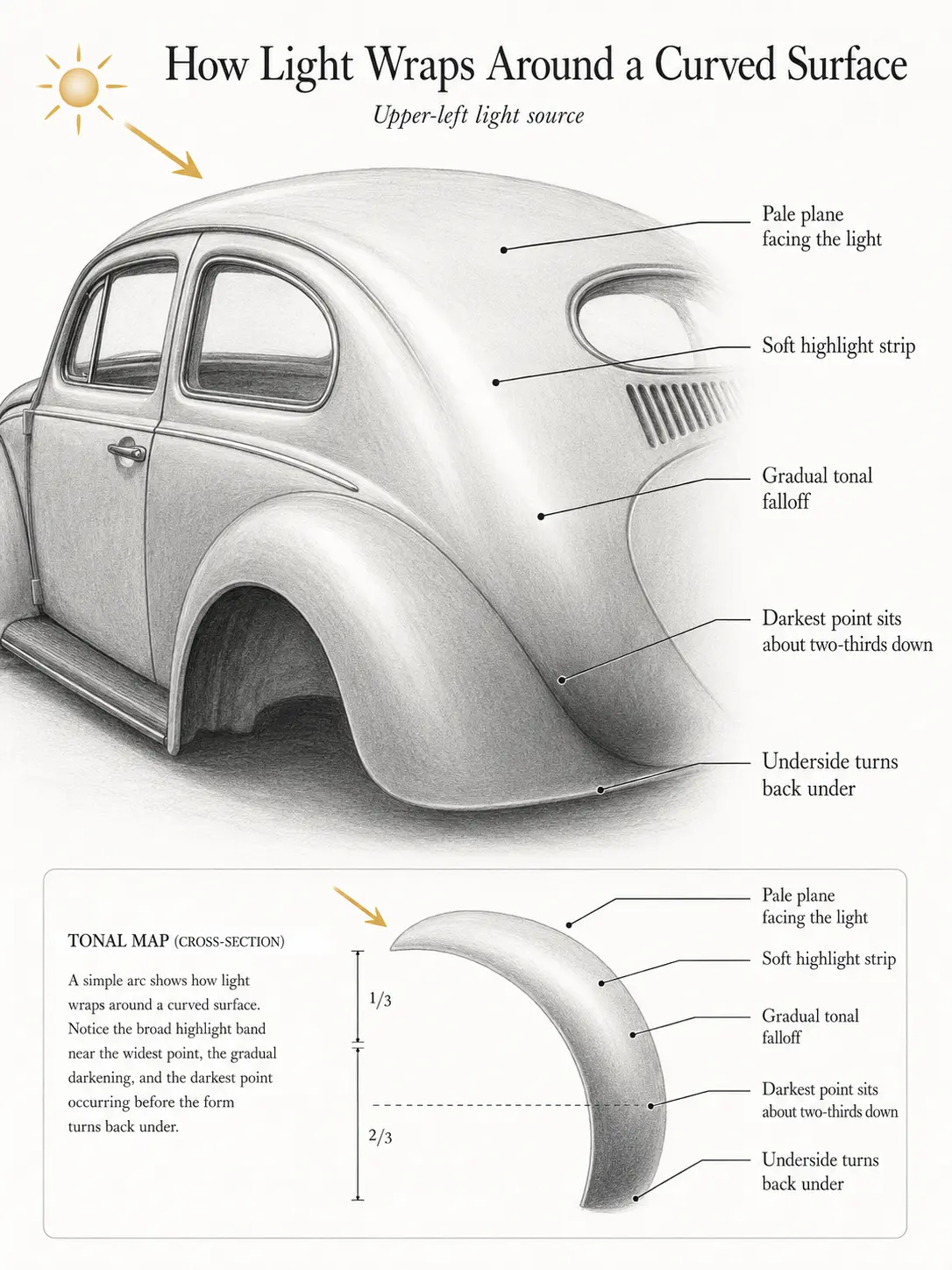 ab02d2f5-1346-4c7d-8652-24bc7a17b64f Illustration showing how light wraps around a curved car surface with labeled tonal map and shading zones. | Sky Rye Design Illustration showing how light wraps around a curved car surface with labeled tonal map and shading zones.