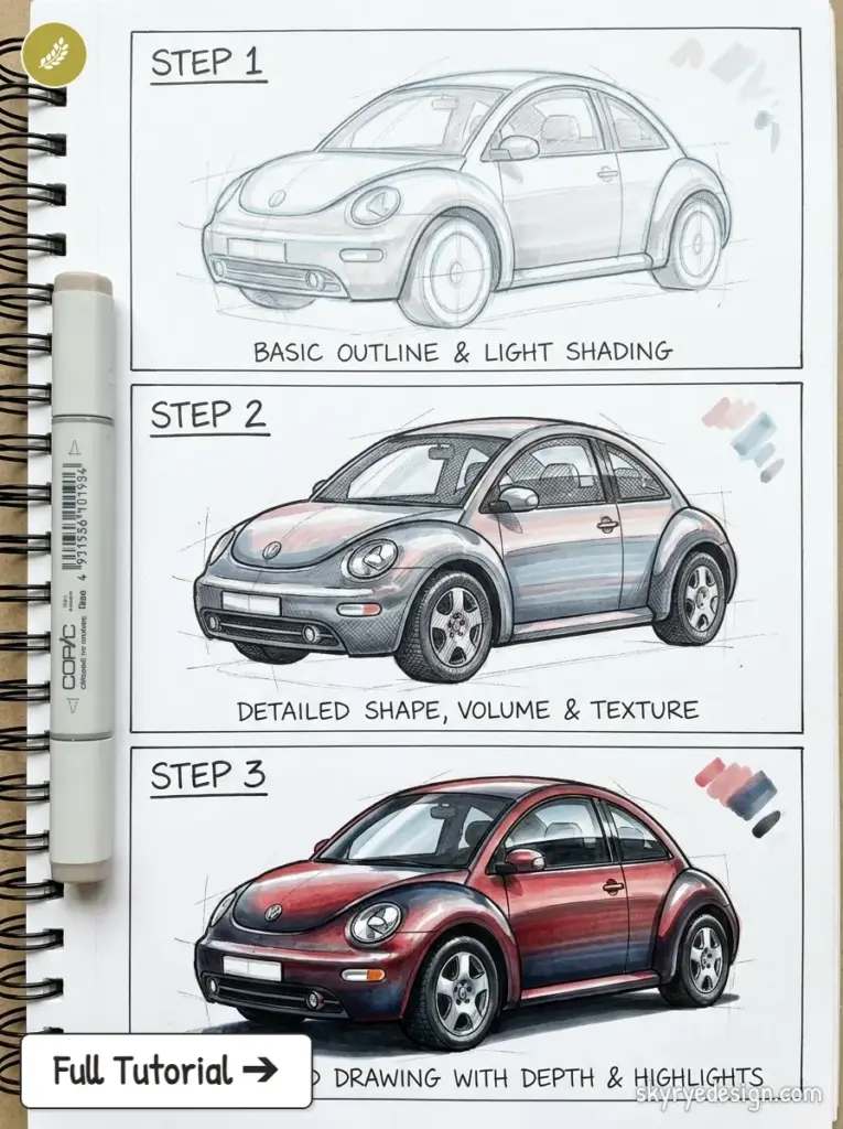 copic-tutorial-1780428716553 Three-panel notebook page showing a car-drawing tutorial: Step 1 basic outline and light shading, Step 2 detailed shape with volume, Step 3 colored with depth and highlights. | Sky Rye Design Three-step car drawing tutorial: Beetle-style sketch from basic outline to detailed, colored marker rendering.