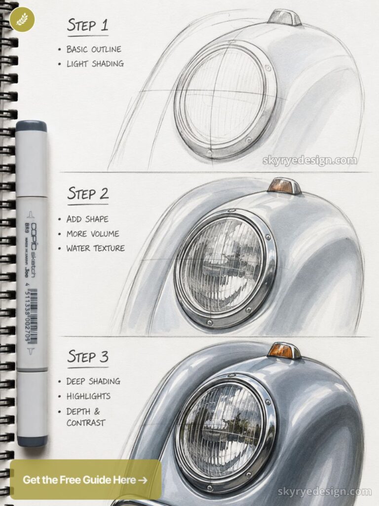 how-to-draw-additional-content - 2026-06-02T221625487 Car headlight sketch tutorial: step-by-step pencil and marker guide showing outline, shading, highlights and depth. | Sky Rye Design Car headlight sketch tutorial: step-by-step pencil and marker guide showing outline, shading, highlights and depth.