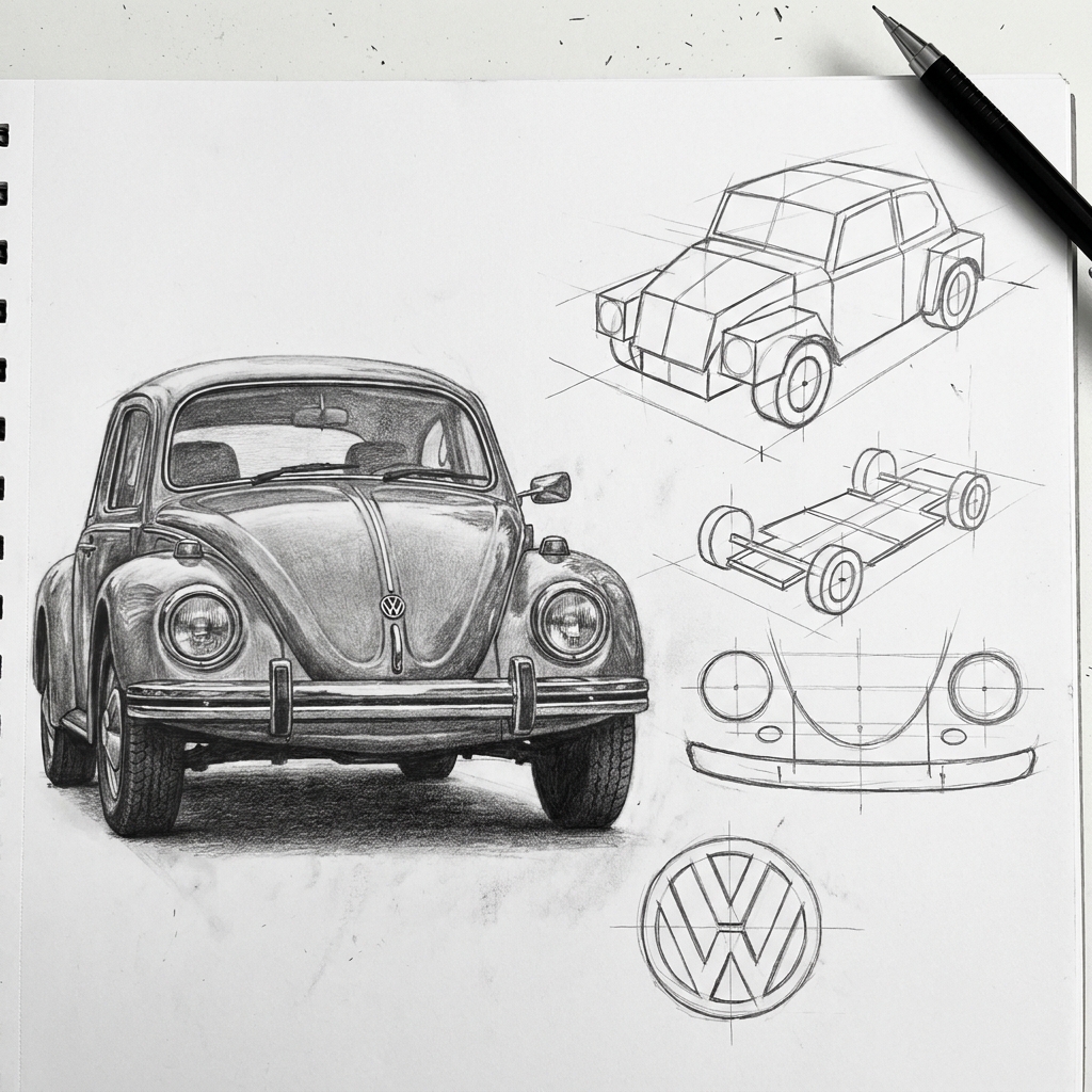 Volkswagen_Beetle_drawing_tutorial_202606022252 Pencil sketch of a classic Volkswagen Beetle front view with car design studies, chassis diagrams and VW logo. | Sky Rye Design Pencil sketch of a classic Volkswagen Beetle front view with car design studies, chassis diagrams and VW logo.