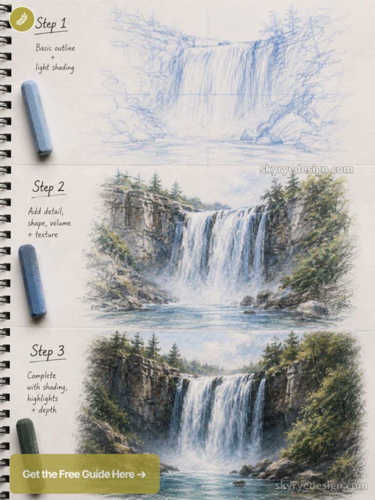 Sketchbook three-step tutorial: blue outline to detailed, shaded colored waterfall drawing with pastels and text labels.