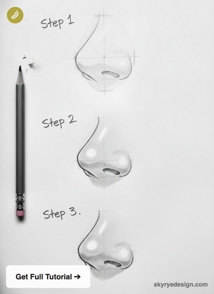 Step-by-step graphite pencil nose drawing tutorial showing three stages of sketching and shading a realistic nose