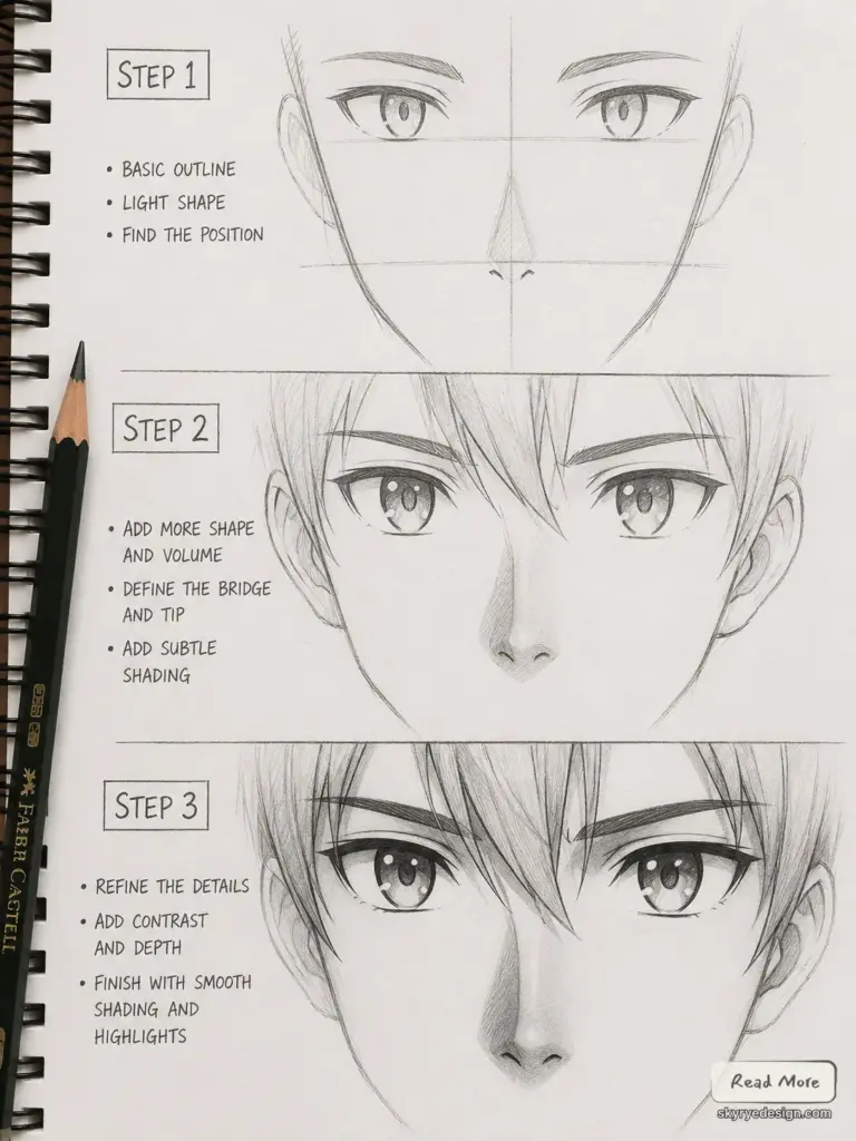 Pencil anime face drawing tutorial: 3 steps from basic outline to detailed eyes, nose and smooth shading.