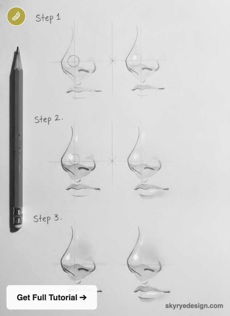 How to draw a nose: step-by-step pencil tutorial showing three stages of realistic nose sketches with guide lines and pencil.
