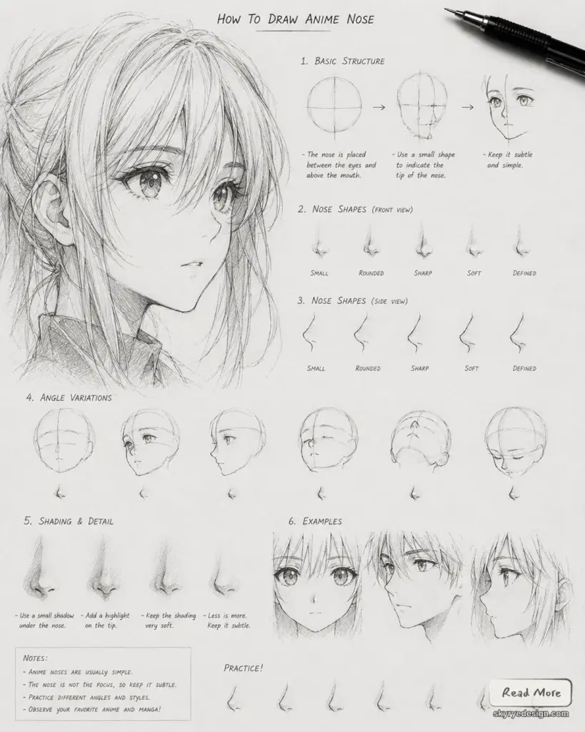 How to draw anime nose sketch tutorial: step-by-step guide with nose shapes, angles, shading and anime face examples.