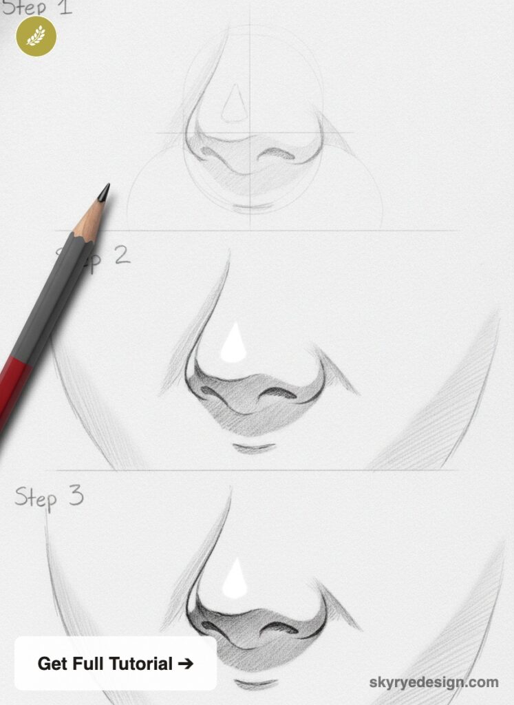 Step-by-step pencil tutorial showing three stages to sketch and shade a realistic nose with highlight