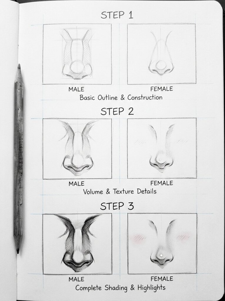 Step-by-step pencil nose drawing tutorial showing male and female noses in three stages on a sketchbook page with pencil.