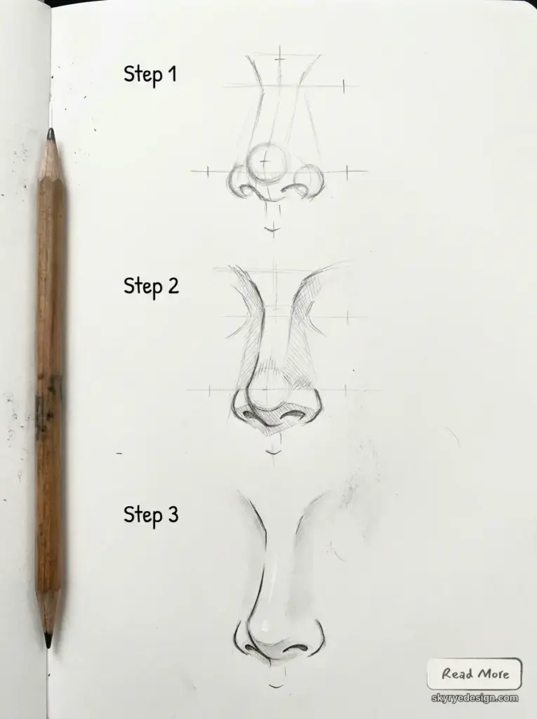 Pencil step-by-step nose drawing tutorial showing construction lines, shading, and final sketch