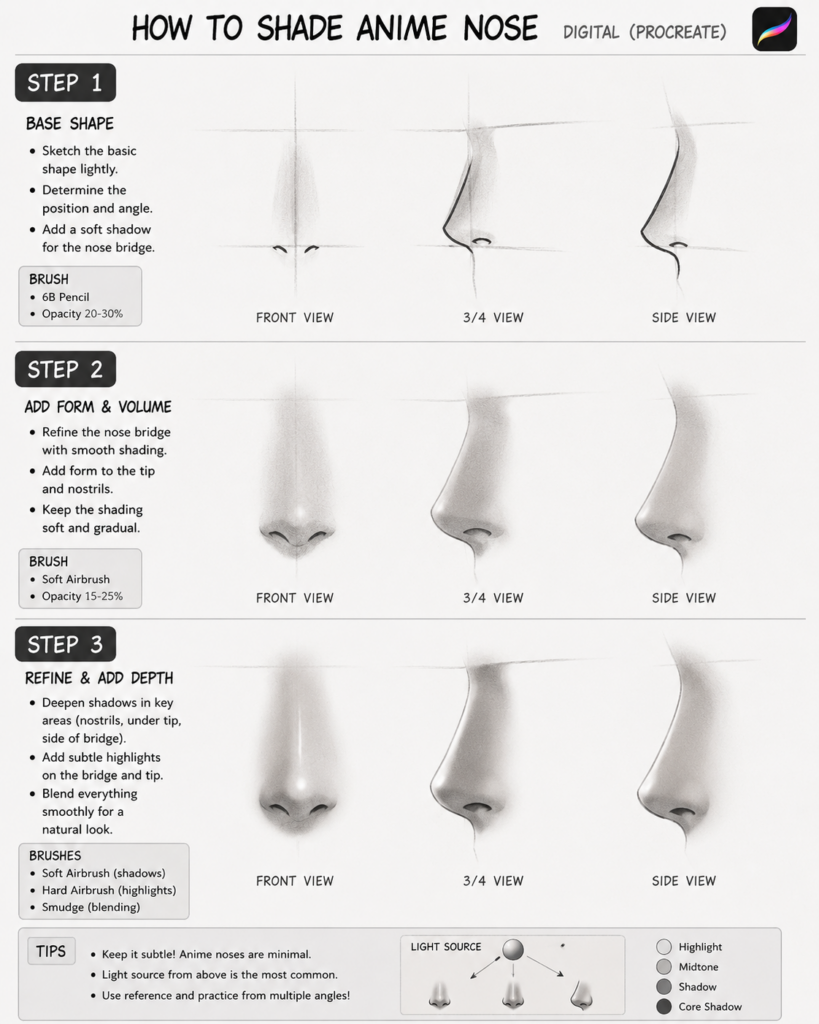 How to shade anime nose - Procreate tutorial with step-by-step front, 3/4 and side views, brush suggestions and shading tips