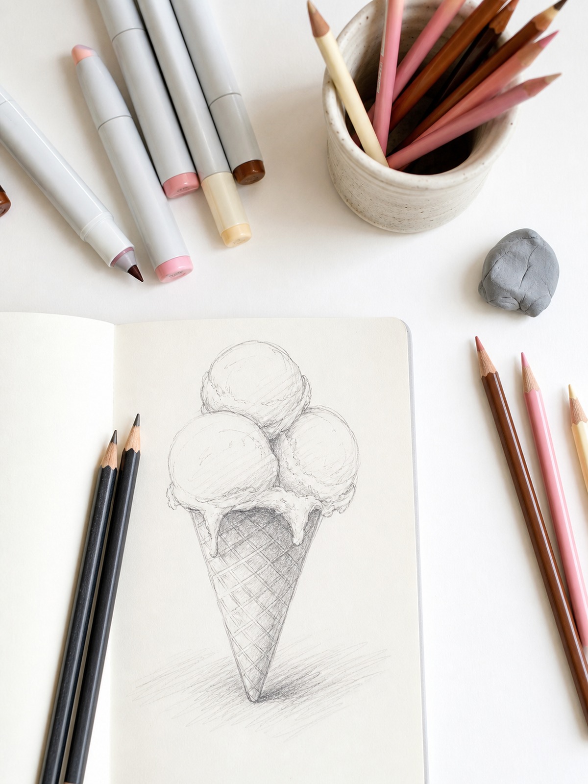 Ice cream drawing tools flat lay Drawing tools arranged beside a sketchbook with an ice cream cone sketch for an illustration tutorial | Sky Rye Design Drawing tools arranged beside a sketchbook with an ice cream cone sketch for an illustration tutorial