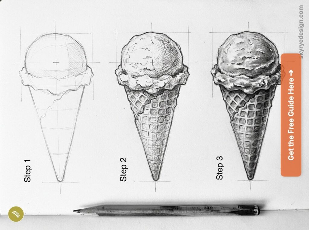 tutorial-single-scoop-cone-icecream 1 Step-by-step ice cream cone pencil drawing tutorial: three sketches showing construction, detail, and final shading | Sky Rye Design Step-by-step ice cream cone pencil drawing tutorial: three sketches showing construction, detail, and final shading
