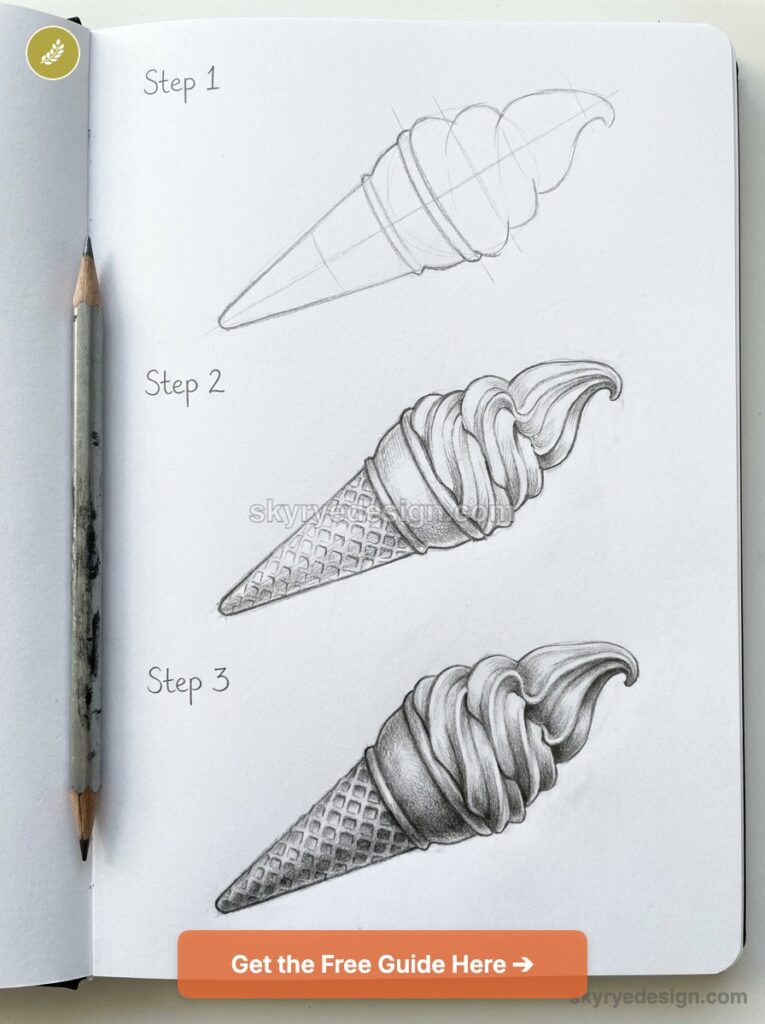 tutorial-soft-serve-swirl-ice-cream-cone Sketchbook page showing a pencil-drawn ice cream cone tutorial in three steps with a graphite pencil. | Sky Rye Design Sketchbook page showing a pencil-drawn ice cream cone tutorial in three steps with a graphite pencil.