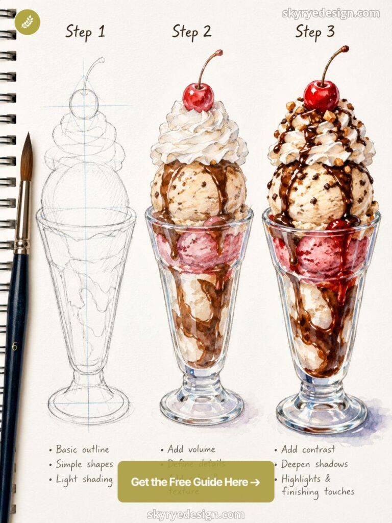 how-to-draw-additional-content - 2026-06-15T182233252 Three ice cream sundaes in tall glasses labeled Step 1–Step 3, showing drawing progress from pencil outline to finished dessert with chocolate drizzle and a cherry (tutorial style). | Sky Rye Design Step-by-step watercolor ice cream sundae tutorial: sketch to finished with cherry, whipped cream and chocolate drizzle