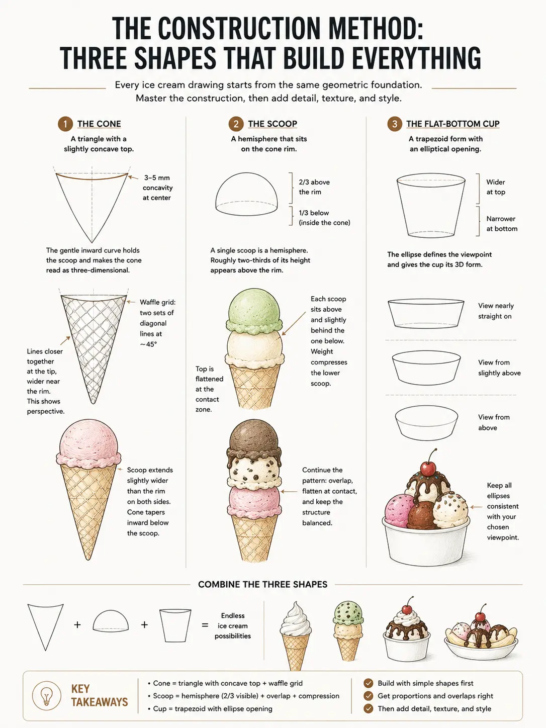 f79bc108-2eba-4413-b329-ccb3c3773160 How to draw ice cream infographic: construction method with three shapes — cone, scoop, flat-bottom cup | Sky Rye Design How to draw ice cream infographic: construction method with three shapes — cone, scoop, flat-bottom cup