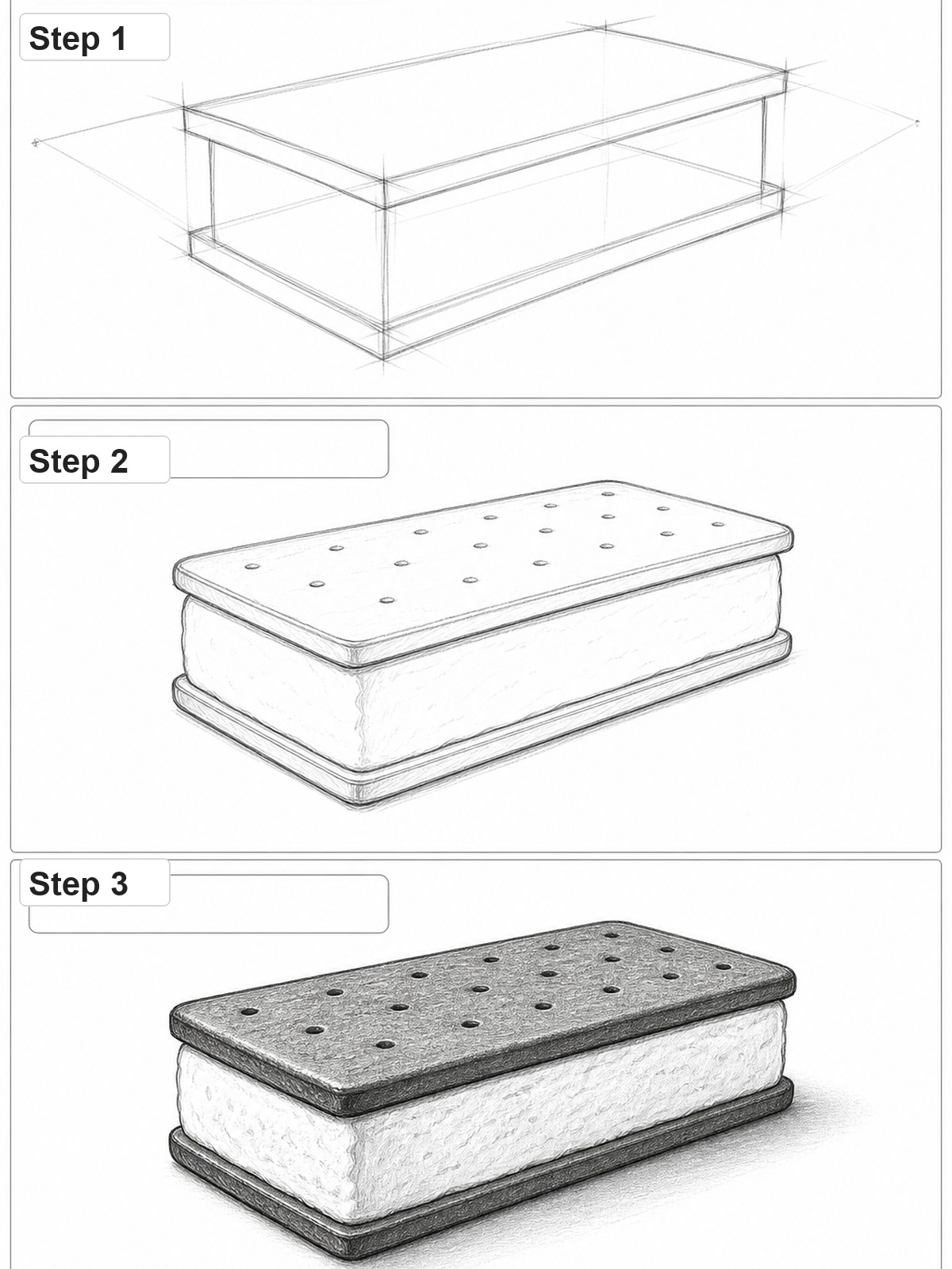 Ice cream sandwich drawing tutorial Three-step pencil tutorial showing construction and shading for an ice cream sandwich drawing | Sky Rye Design Three-step pencil tutorial showing construction and shading for an ice cream sandwich drawing