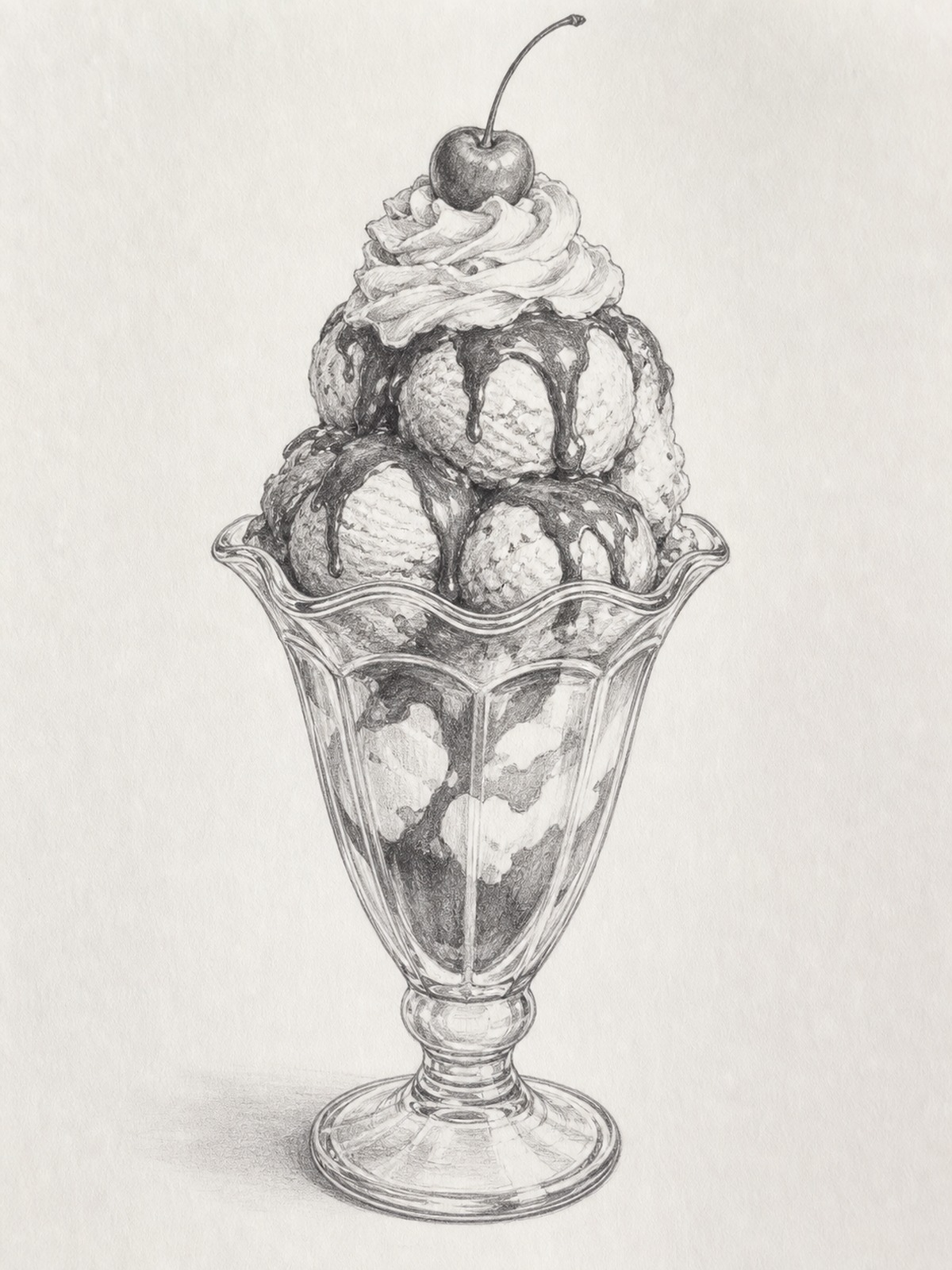 Ice cream sundae glass drawing pencil Pencil drawing of an ice cream sundae in a tall glass with scoops whipped cream cherry and sauce | Sky Rye Design Pencil drawing of an ice cream sundae in a tall glass with scoops whipped cream cherry and sauce