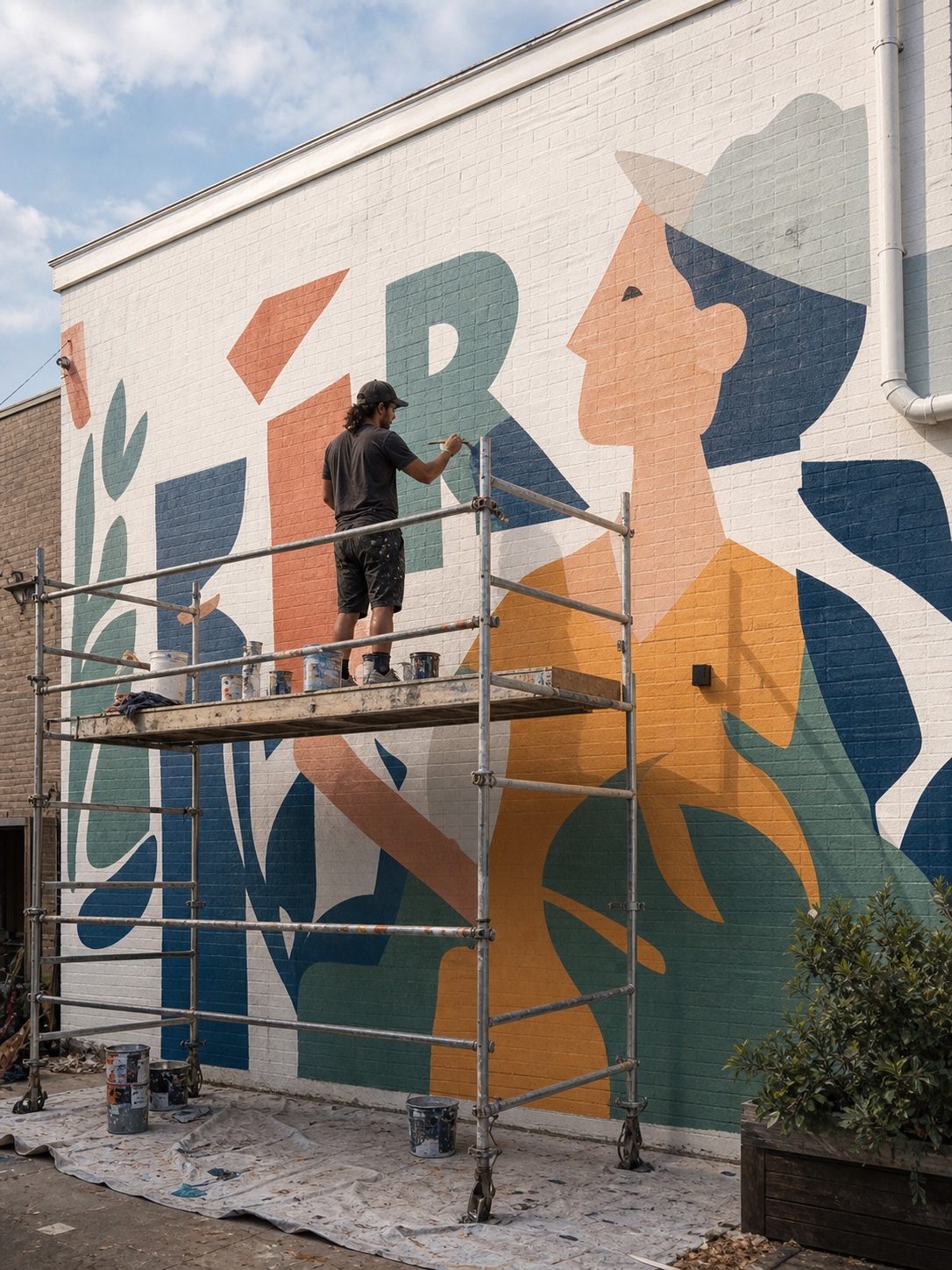Large mural in progress on a white brick wall with bold colorful lettering and an illustrator working from scaffolding.