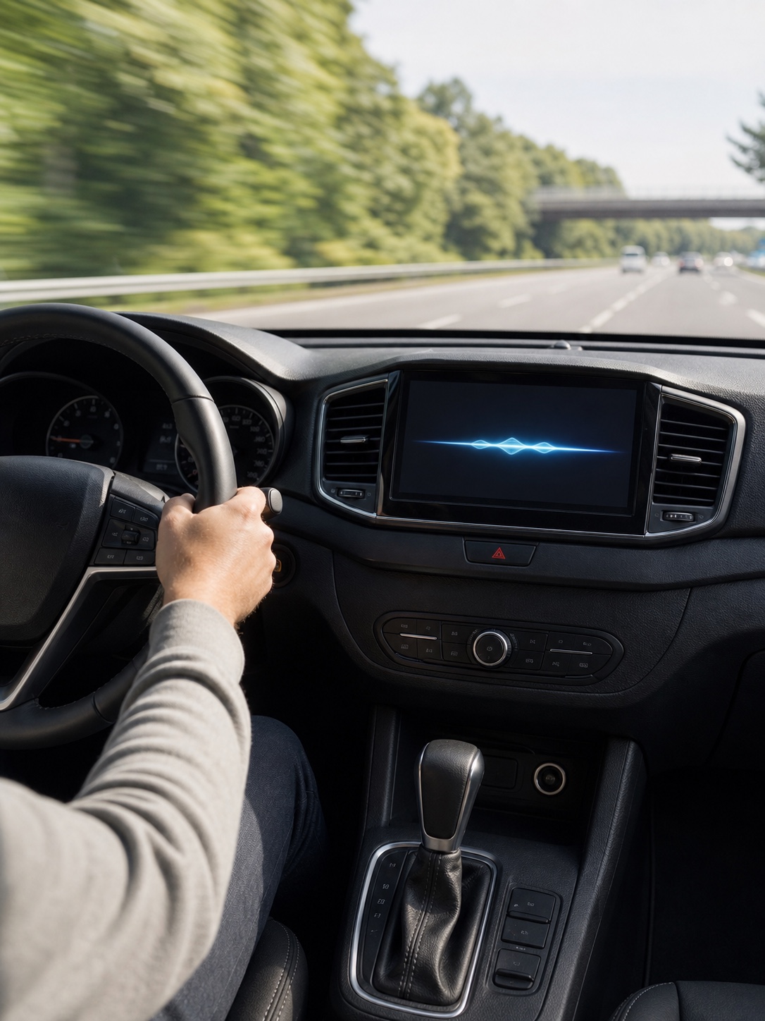 Car dashboard with a voice-activated navigation interface and driver hands on the wheel.
