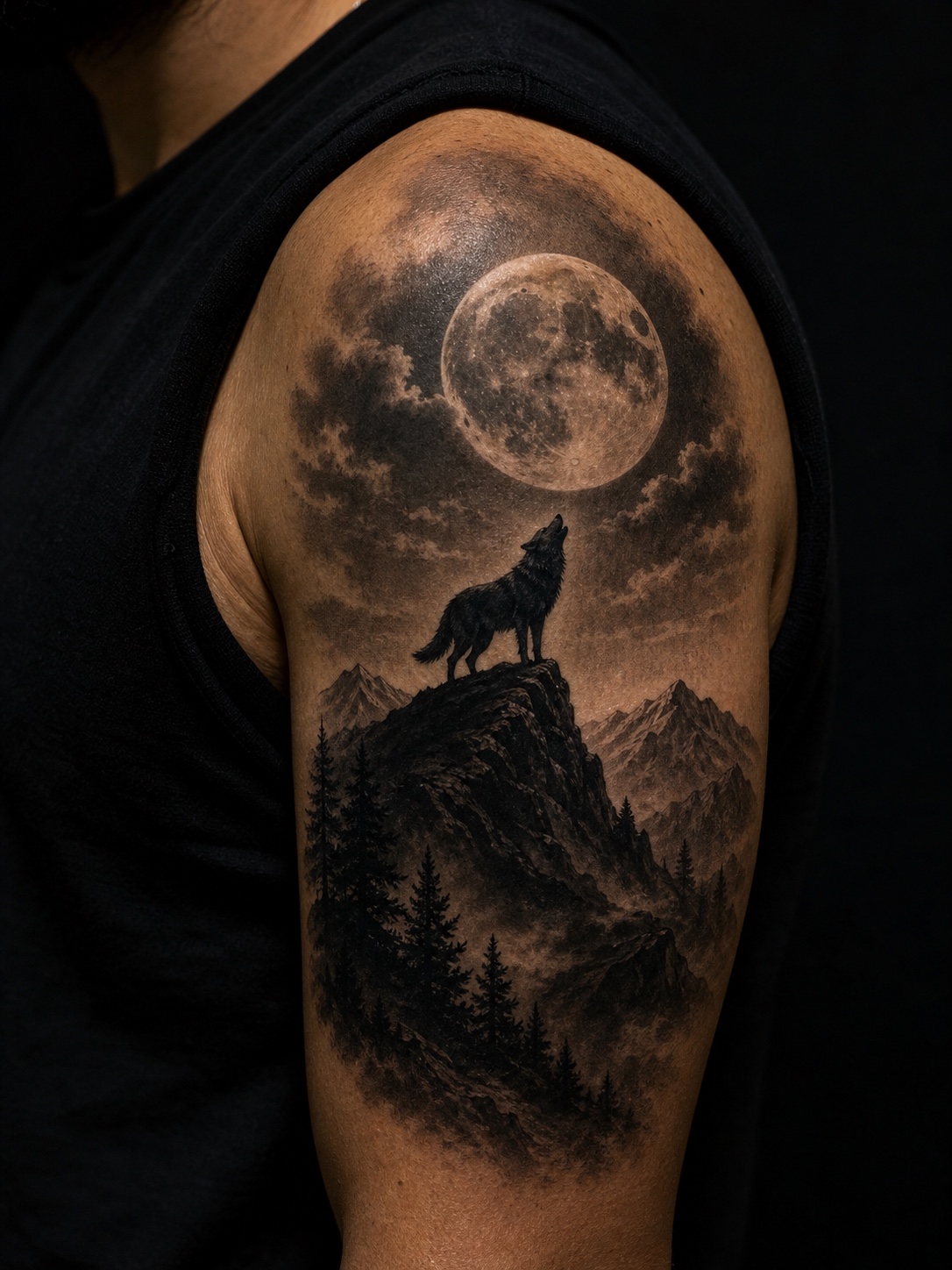 Lone wolf tattoo on a shoulder showing a wolf standing alone in a night landscape.