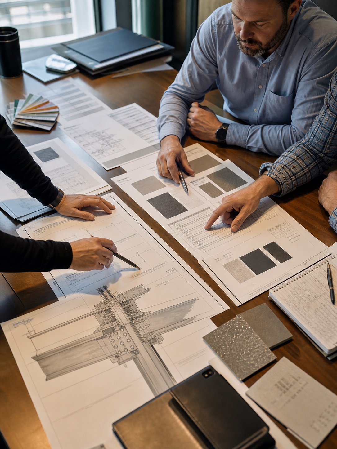 Coating Specification Review Design Team Design team reviewing coating specifications, samples, and structural drawings. | Sky Rye Design Design team reviewing coating specifications, samples, and structural drawings.
