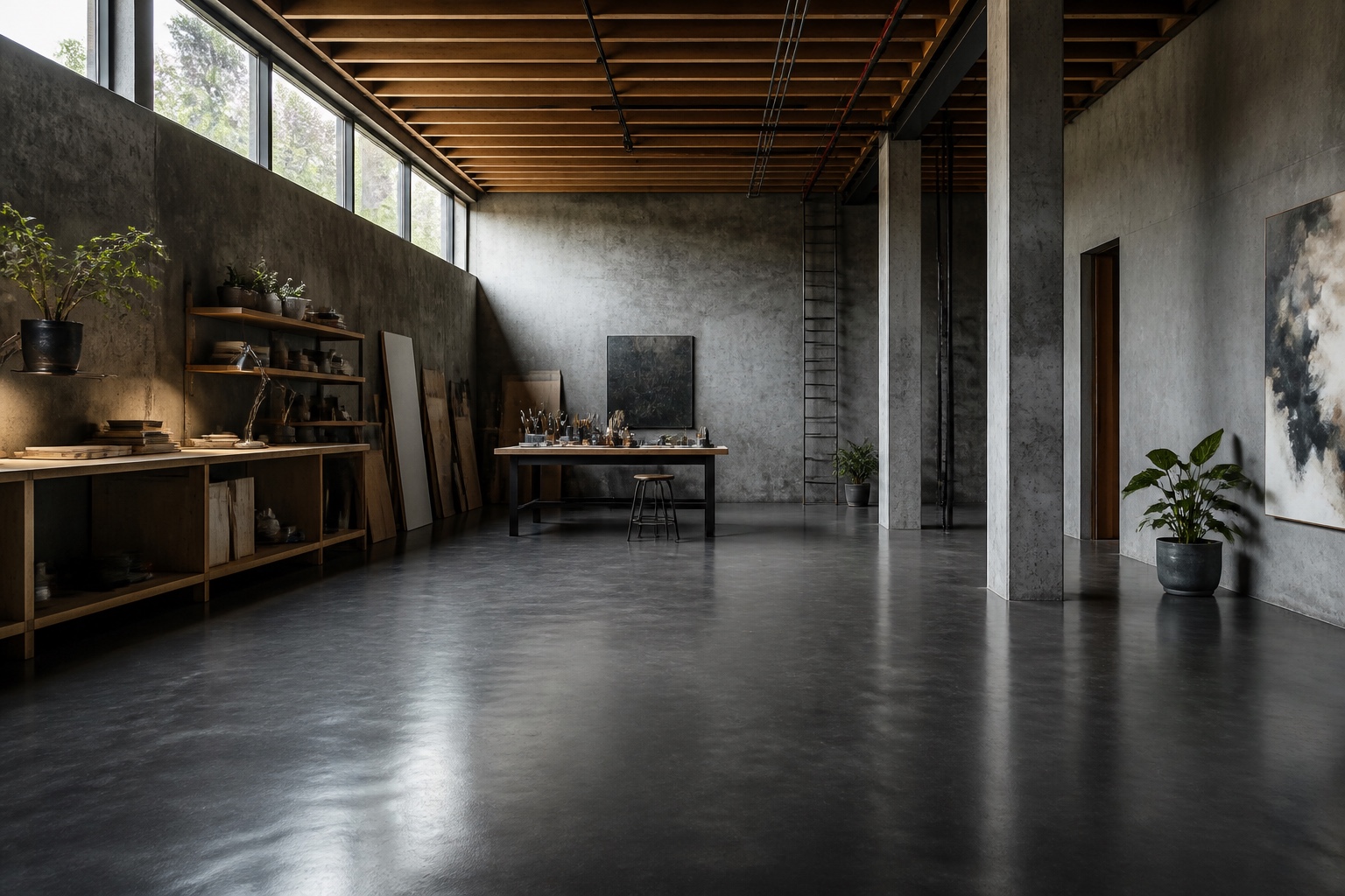 A contemporary creative studio with a seamless grey-charcoal epoxy floor and exposed concrete walls