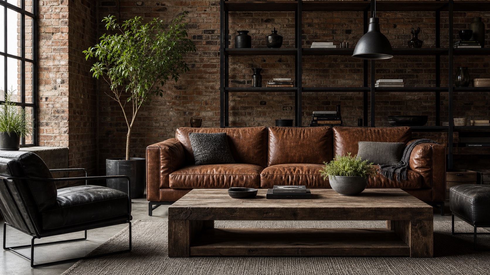 Industrial interior style personality Industrial living room with a brown leather sofa, black metal shelves, and a large potted plant against a brick wall. | Sky Rye Design Industrial interior style living room with brick, metal, leather, and reclaimed wood for an independent texture-focused personality.