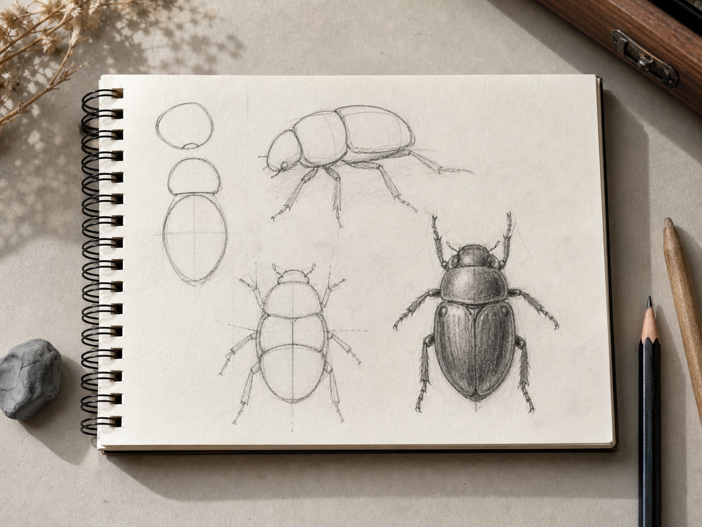 Insect beetle construction study with simple pencil shapes and finished sketch