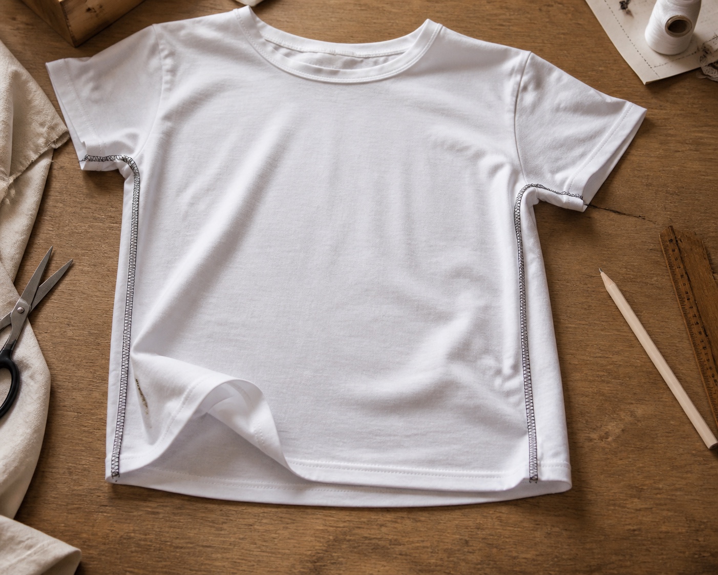 White cotton T-shirt turned inside out on a wooden table with overlock seam allowances visible.