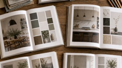Open interior design books on a wooden studio desk with pencils swatches and coffee