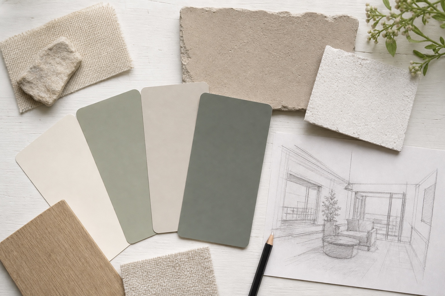 A flat lay mood board with paint chips, plaster samples, canvas swatch, pencil, and architectural sketch