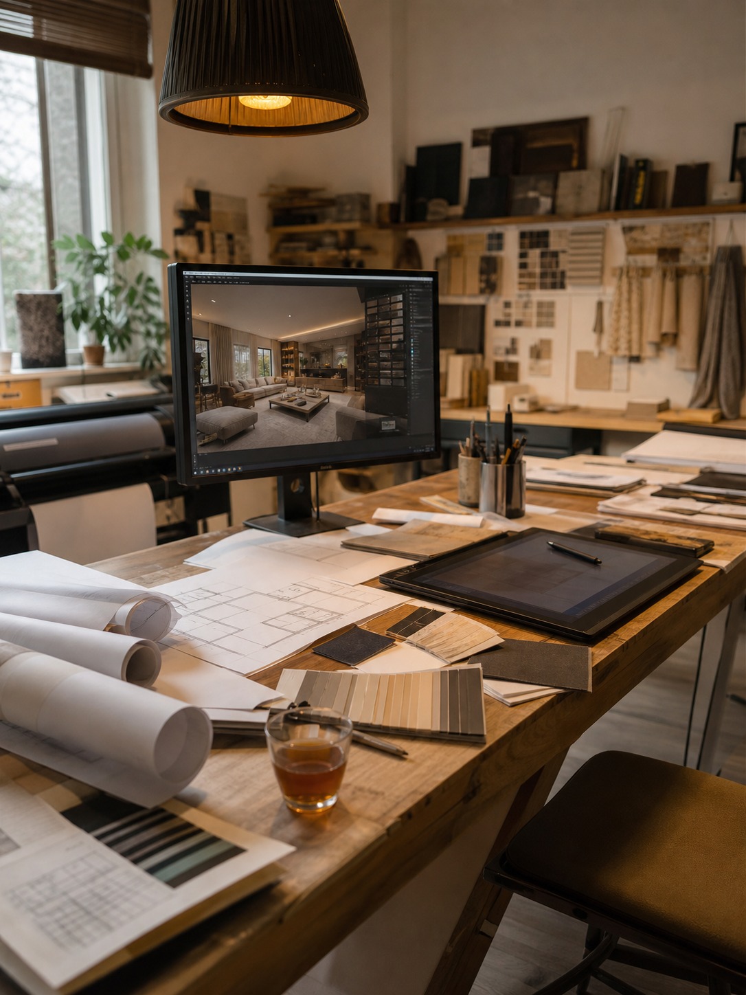 Interior designer workspace with drawings, material samples, pen tablet, monitor, and working studio atmosphere.