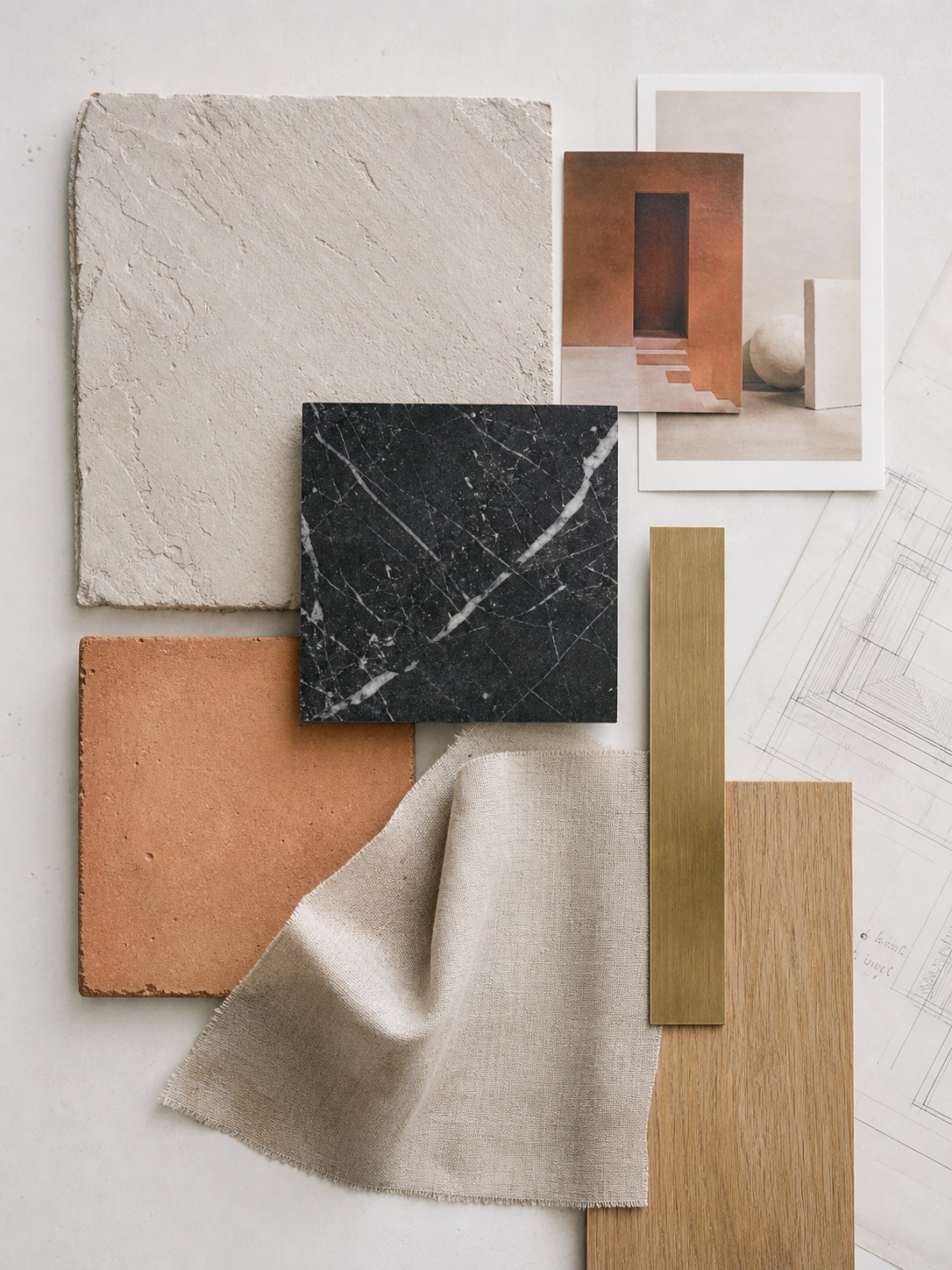 Flat lay of interior material samples including plaster, marble, terracotta, linen, brass, and oak veneer.