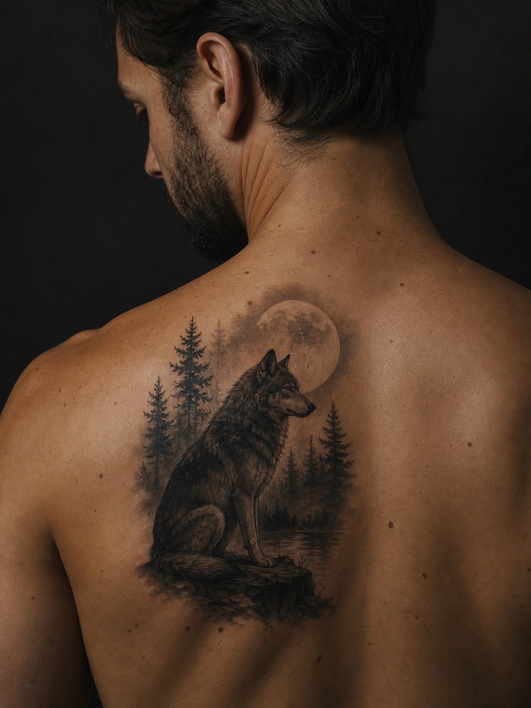 Wolf spirit guide tattoo with forest and moon elements on the upper back.