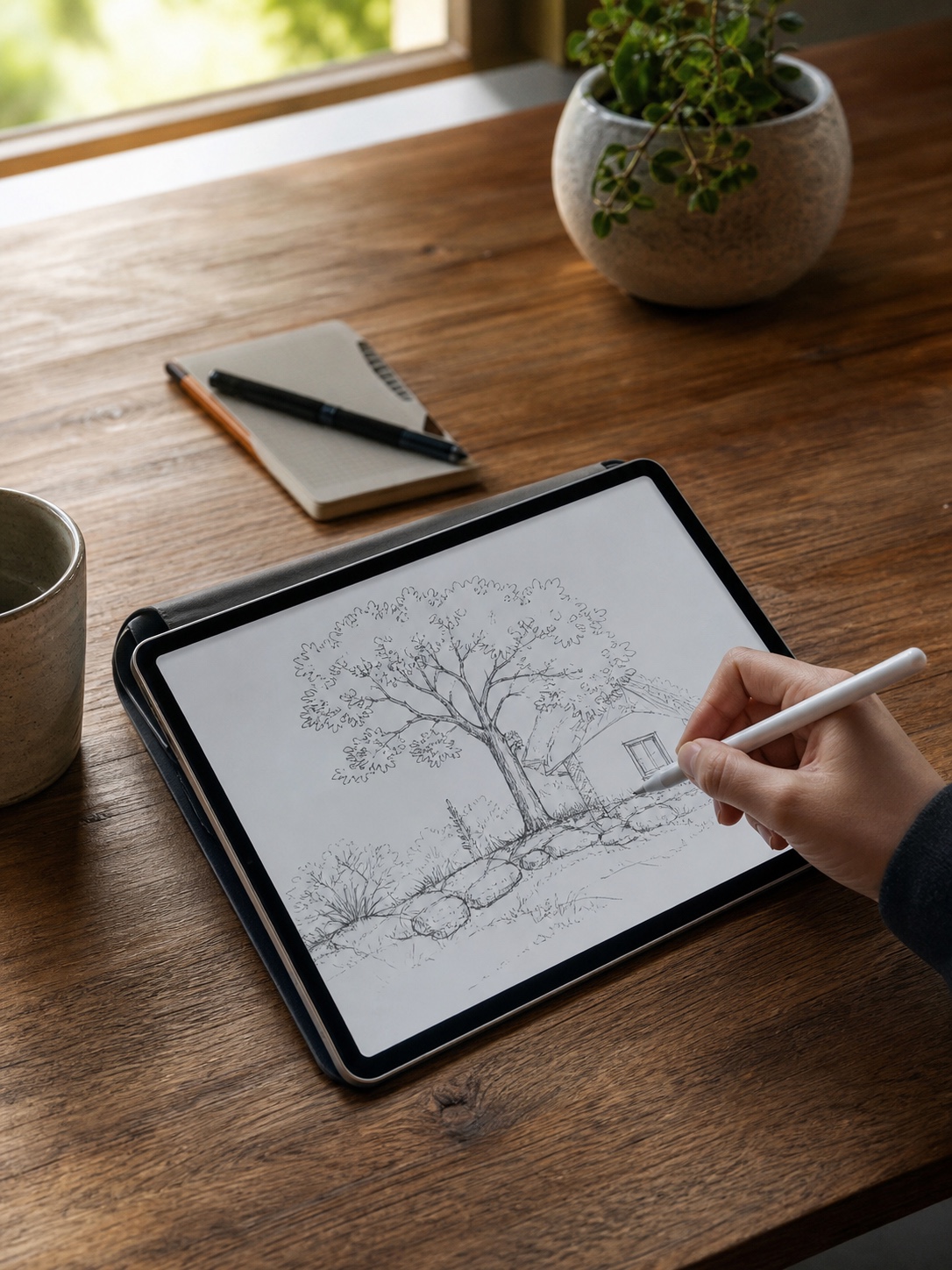 Artist using a stylus to sketch a landscape on an iPad at a wooden desk with a notebook and coffee.