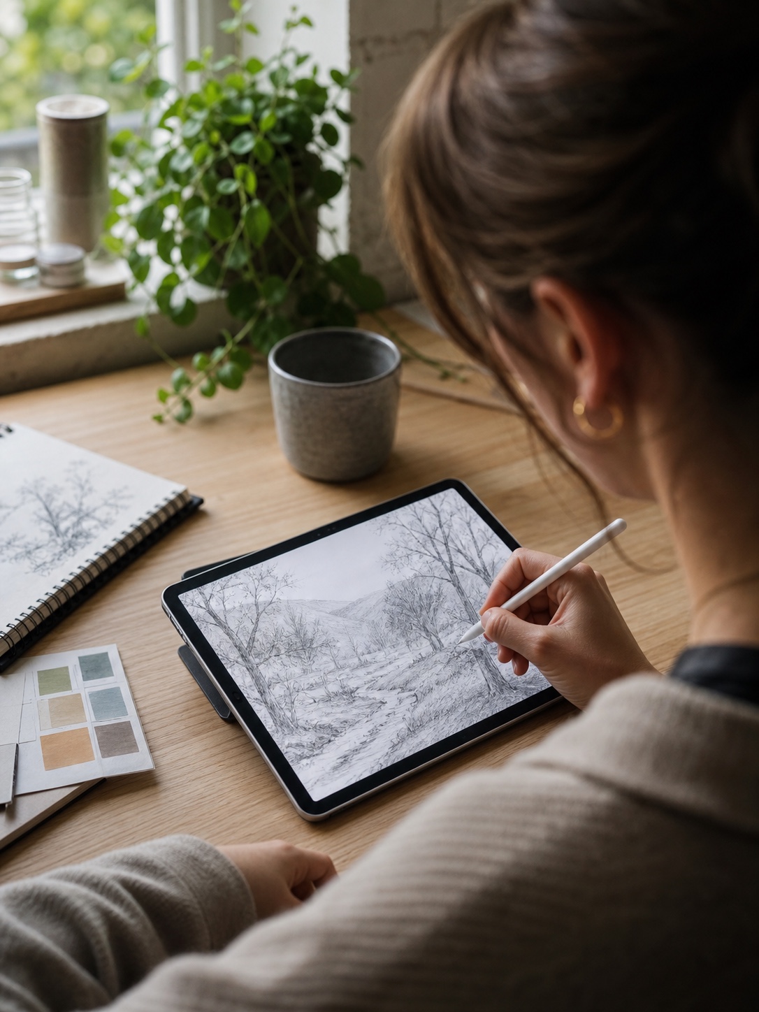 Over-the-shoulder view of an artist drawing a landscape on an iPad with sketchbook references and color swatches nearby.