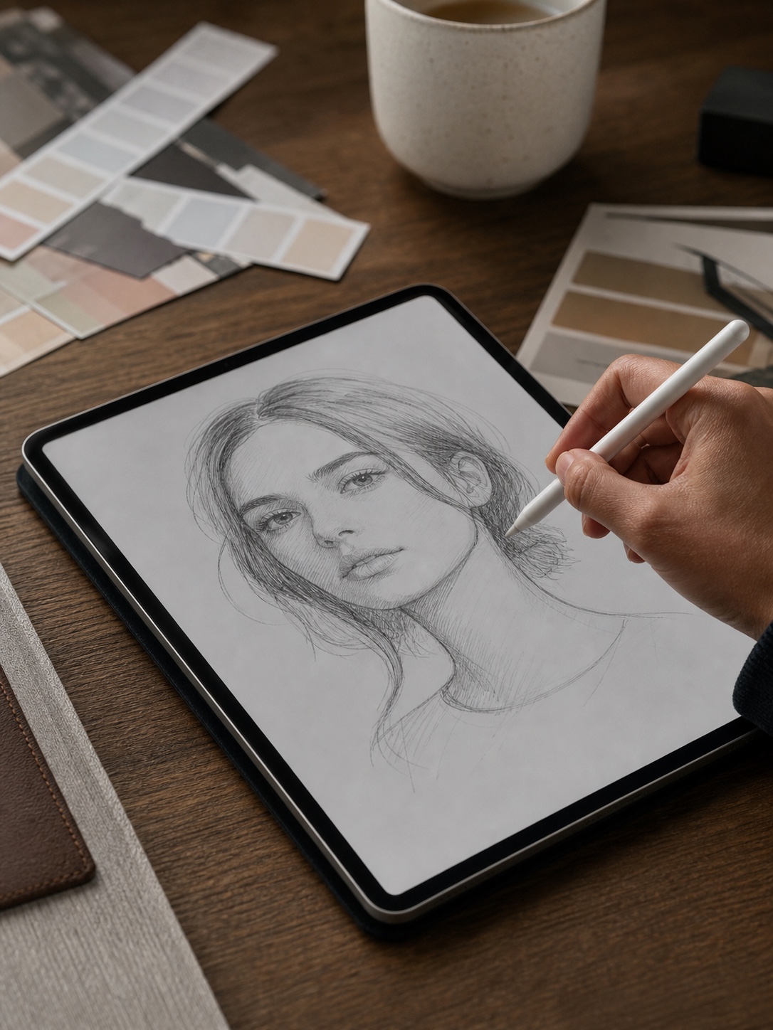 Close-up of a stylus shading a pencil-style portrait on an iPad beside neutral color swatches.
