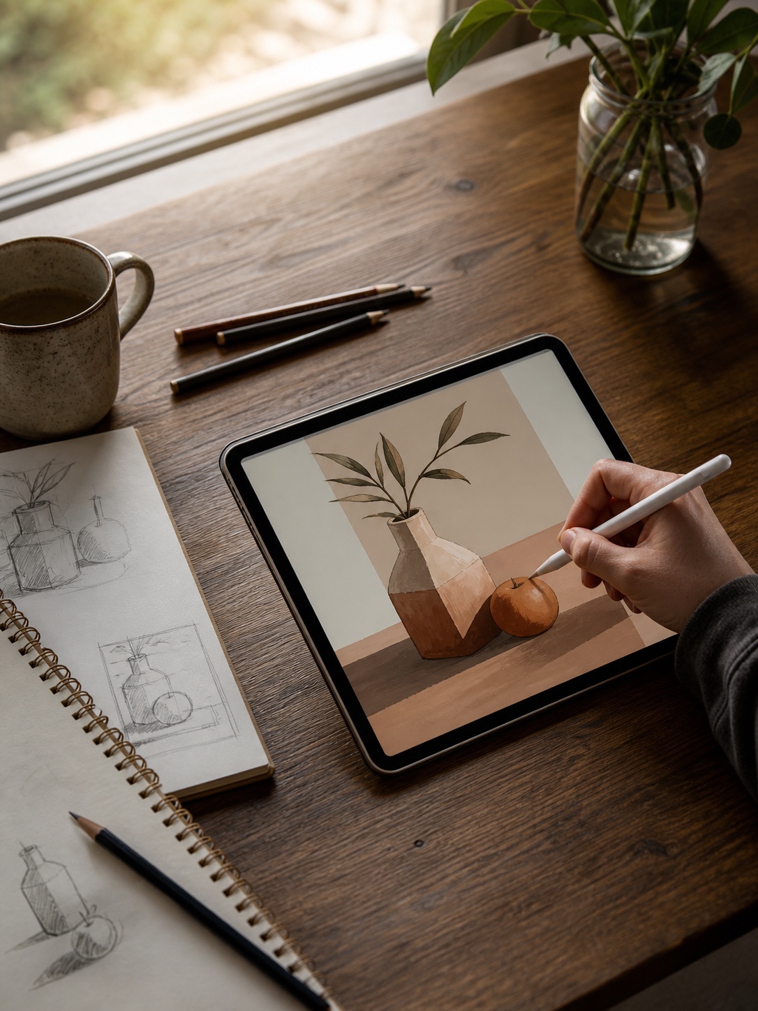 Artist color blocking a simple vase and fruit still life on an iPad with thumbnail sketches beside the tablet.