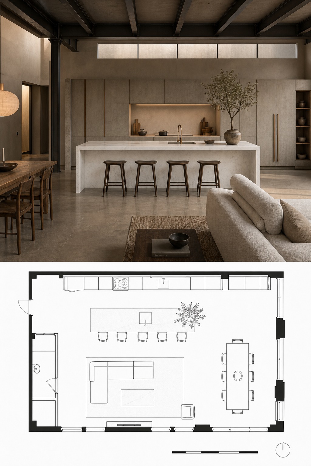 Split-panel reference of a Japandi loft kitchen with concrete cabinetry and white marble island above a floor plan.